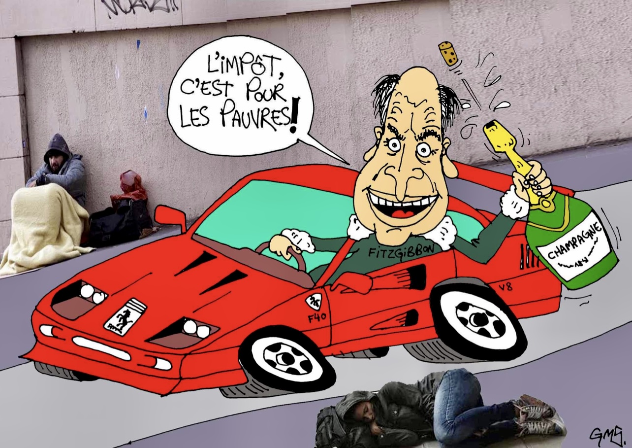 Une caricature d'un homme dans une voiture rouge faisant la fête avec une bouteille de champagne, inconscient du fardeau des impôts sur les pauvres.
