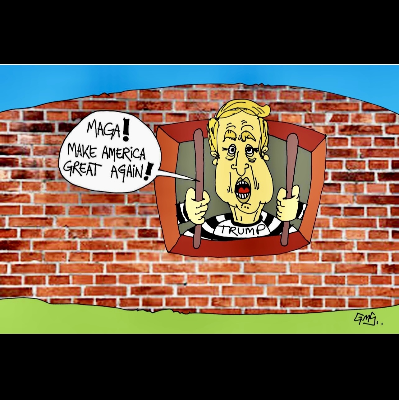 Caricature d’un homme tenant un mur de briques, symbolisant sa détermination à reconstruire l’Amérique.
