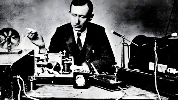 Guglielmo Marconi, reconnu comme étant l'un des inventeurs de la radio, devant son équipement en 1901. PHOTO : La Presse canadienne