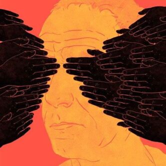 Des mains voilent la vue d’un visage, symbolisant la manière dont les influenceurs peuvent manipuler l’attention et brouiller la réalité.