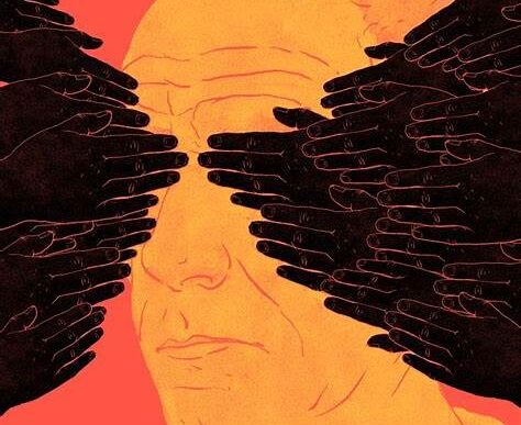 Des mains voilent la vue d’un visage, symbolisant la manière dont les influenceurs peuvent manipuler l’attention et brouiller la réalité.