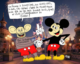 De passage à Disneyland, aux Etats-Unis, à Noël, j˚ai obtenu l˚appui de Michey Mouse ainsi que de ses amis Donald Duck, Goofy et Pluto à l˚indépendance du Québec ! Crédit @Caricature de Ghalem.